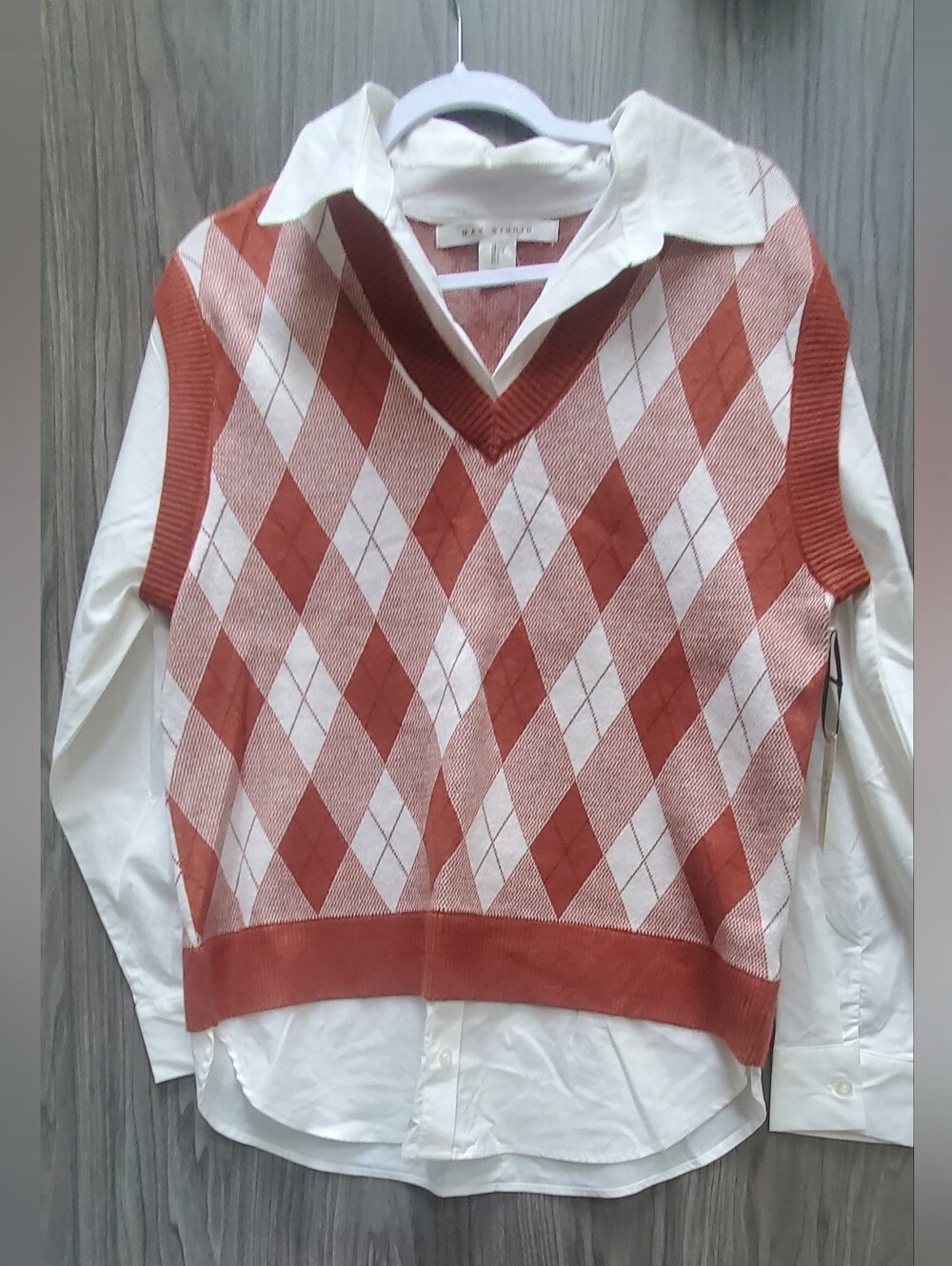 Max Studio Mint Green & White Long Sleeve Faux Layered Sweater Vest Shirt-Size L